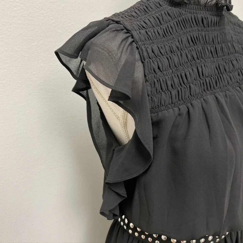 Michael Kors A Line Dress Womens Small Black Flutter Smocked Rocker Edgy Teacher